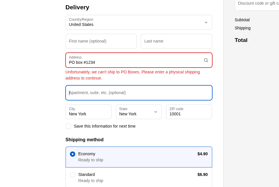 Sample checkout with PO Box blocking